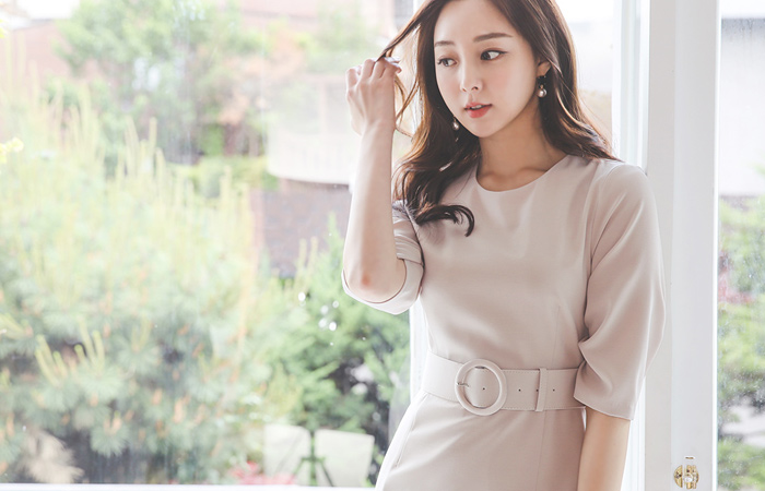 百合 衣袖褶皱 O形环 束带 连衣裙