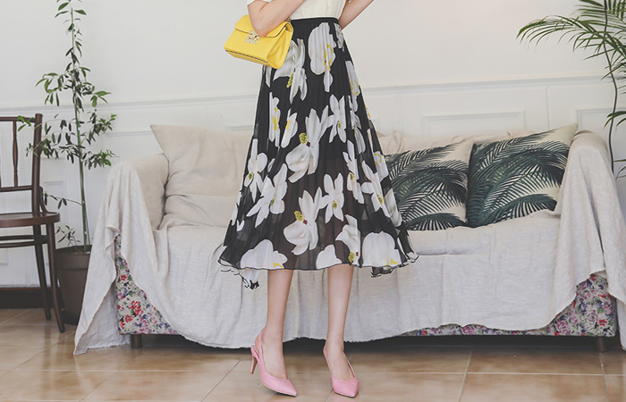 褶边 花纹 印染 松紧带 长款 裙子