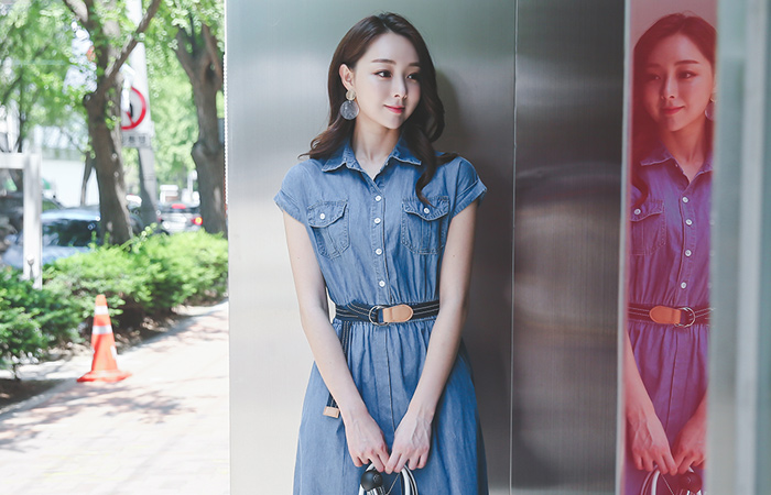 Basic腰带牛仔色长款连衣裙