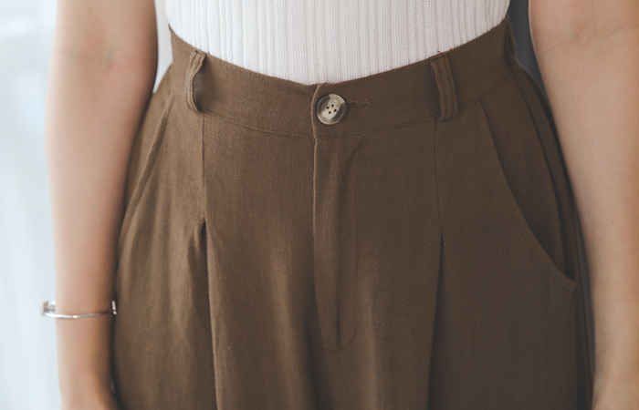 夏天 后侧松紧带 细褶 宽松 亚麻 裤子