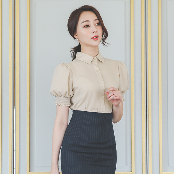 褶裥 泡泡袖 袖 开叉 棉 罩衫