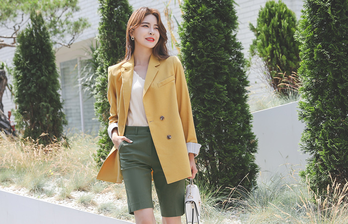 双重 束带 修身 亚麻 夹克