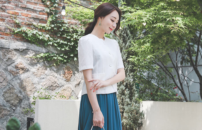 泡泡袖 口袋 圆领 亚麻 夹克