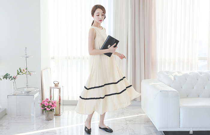 高级编带线长款连衣裙