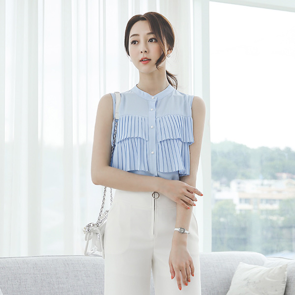 二重 褶边 珍珠 扣子 罩衫