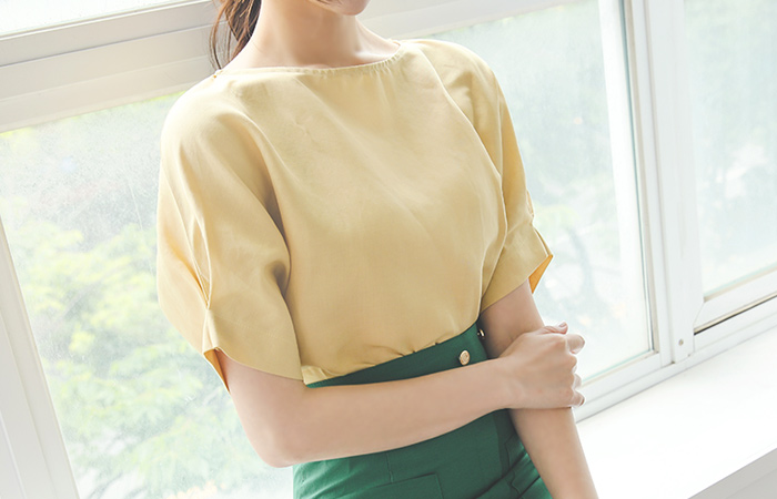 简单 袖子细褶 亚麻 罩衫