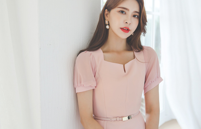 开衩 方领 雪纺 袖 连衣裙