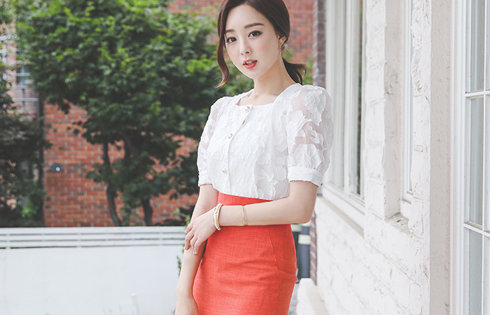 方领 玫瑰 珍珠 透明硬纱 罩衫