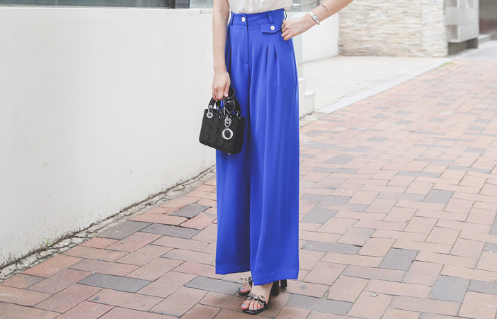 高腰 细褶 配色钮扣 宽松 宽松长裤