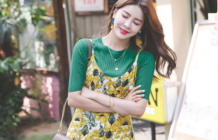 大花 褶皱 吊带 开衩 长款连衣裙