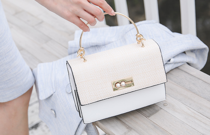 [模特穿36次]藤条 配色 珍珠 手提包