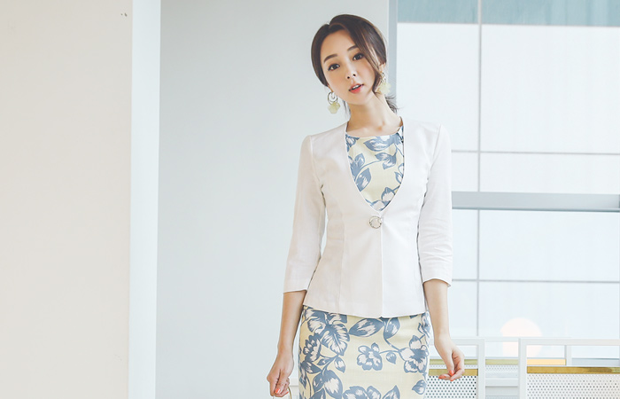 亚麻 棉 无领 珍珠 胸针 夹克