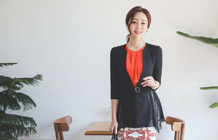 奢华裙 透视 喇叭 无领 弹力 夹克