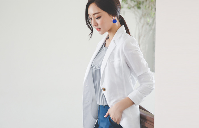 亚麻 开叉线条 补丁 修身 夹克