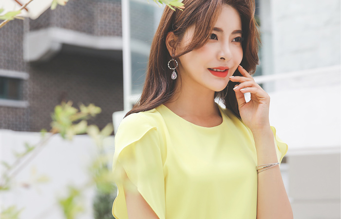 郁金香 袖 长款 褶边 束带 连衣裙