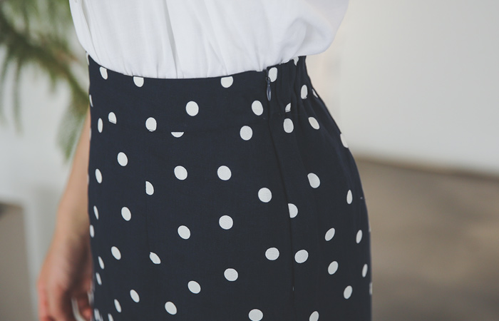 复古 圆点 后侧松紧带 亚麻 中长款裙