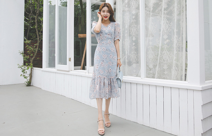 植物花纹雪纺褶裥连衣裙