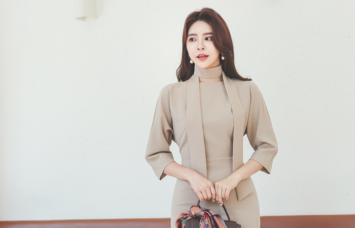 领带 细褶袖 插肩 弹力 连衣裙