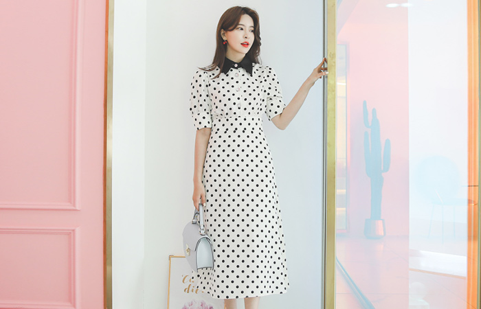 缎子领子 首饰扣子 圆点 长款 连衣裙