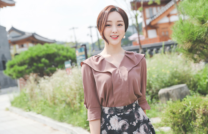 可爱 V字领 宽松袖 7分 罩衫