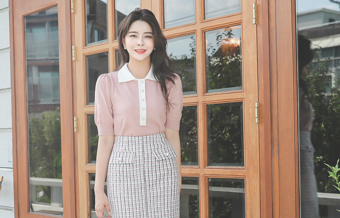 配色领子 珍珠 泡泡袖 针织衫 抹胸