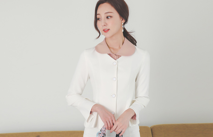 淑女 荷叶裙 褶裥 袖 古董 扣子 无领 夹克