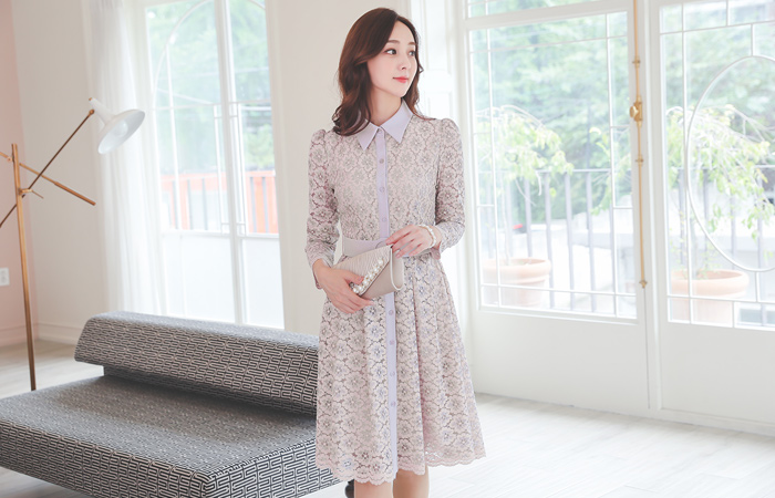 浪漫 配色 蕾丝 束带 喇叭 连衣裙