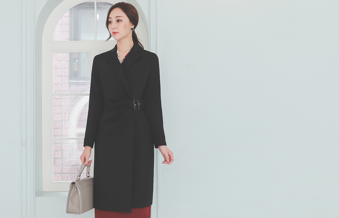 带扣 裹身 褶皱 双重 H字型 连衣裙&夹克