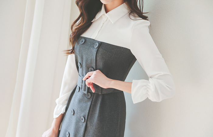 迷人的袖子斜色连衣裙