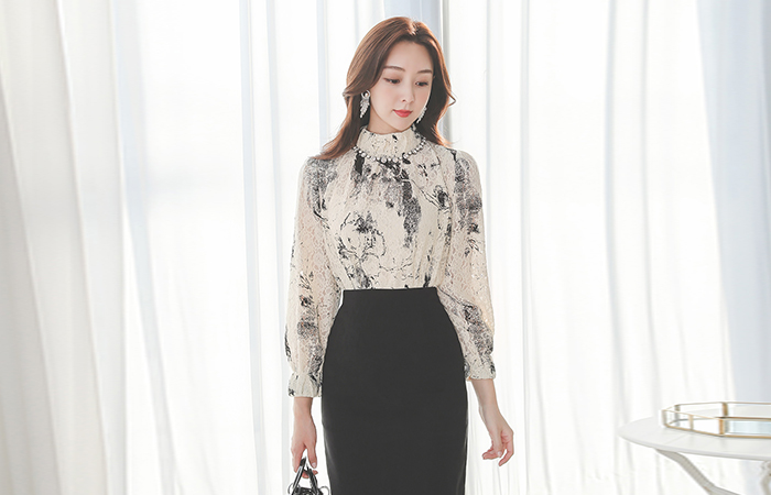 花纹 烟熏 高龄 弹力 蕾丝 罩衫