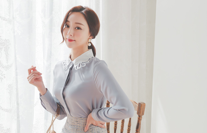 印花 波浪卷 领子 配色 罩衫