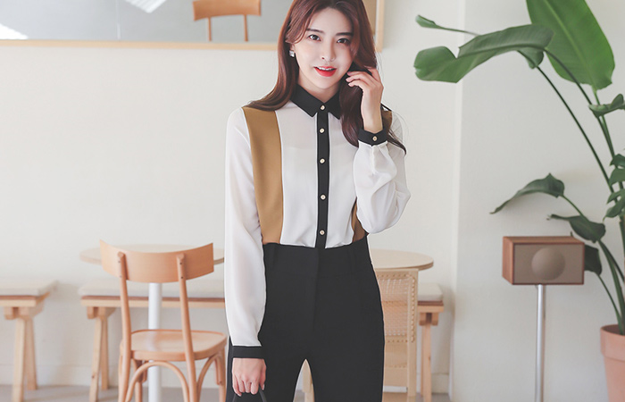 三个 配色 金色纽扣 领子衬衫 罩衫