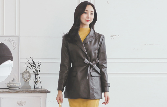 闪亮 束带 修身 人造皮夹 夹克