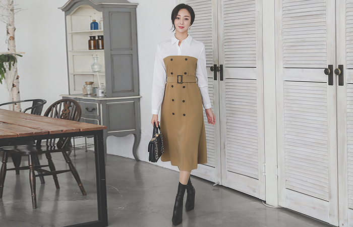 配色 领子衬衫 束带 风衣 连衣裙