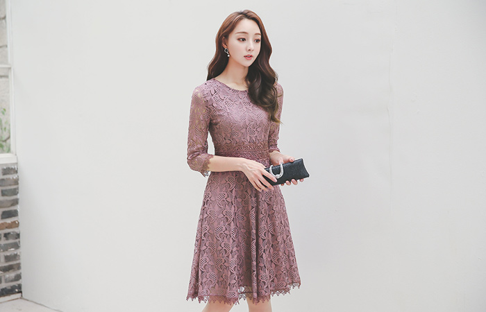 蕾丝蕾丝波浪群/喇叭裙连衣裙