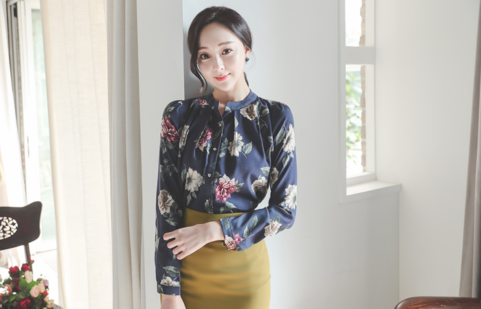 迷惑 花纹 褶皱 立领 罩衫