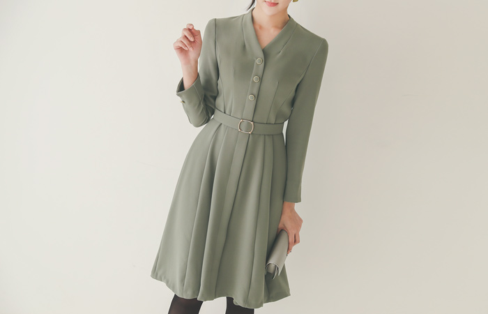 黄金环 V字领 喇叭 连衣裙