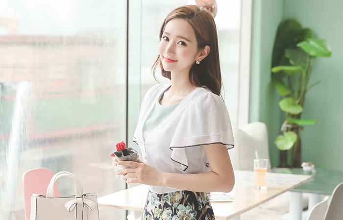 永袖开襟小配色亚麻