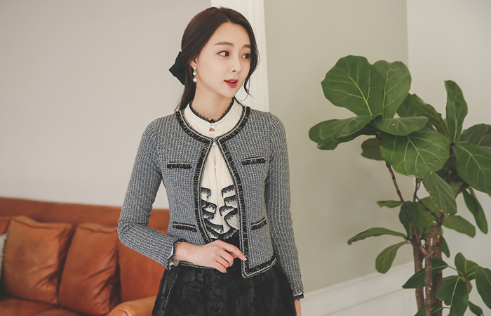 可可条纹粗呢开衫外套