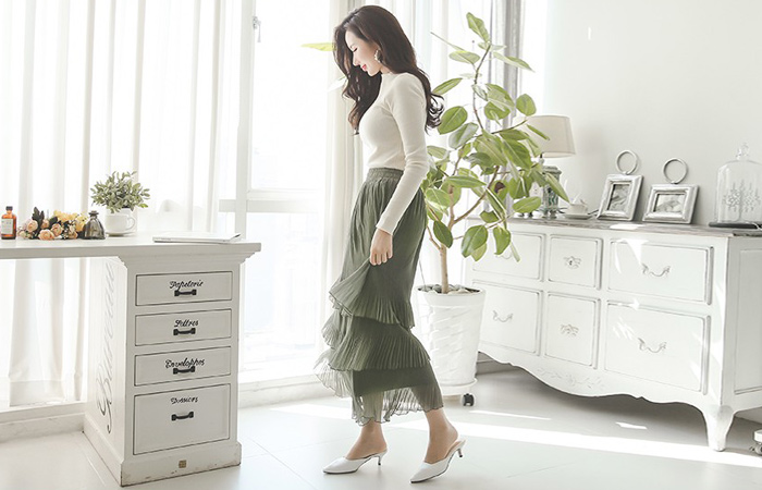 皱雪纺层褶裙长裙