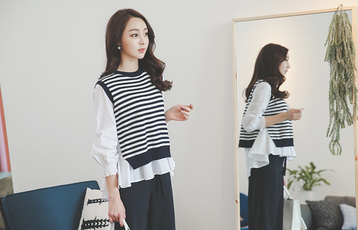 褶饰 罩衫&针织马甲 SET