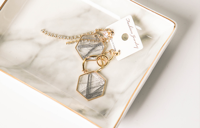 透明 大理石 点缀 镶钻 吊坠 耳环