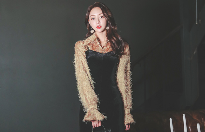 珍珠流苏 褶裥 袖口 领子 罩衫