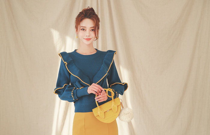 不规则 缝线 配色 荷叶边线条 针织t恤