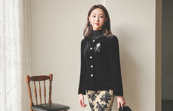 珍珠 丝绒 喇叭 圆领 夹克