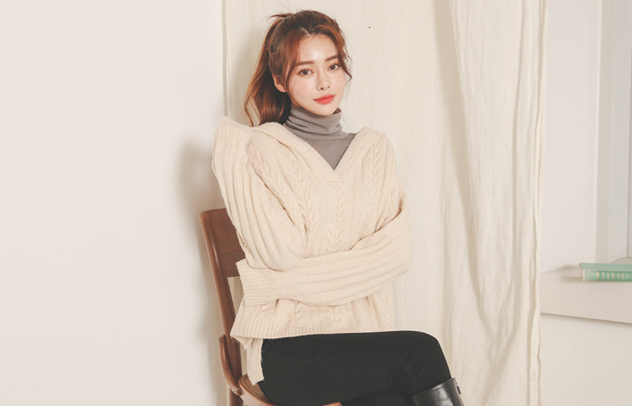 麻花 V字领 带帽 羊毛 针织衫