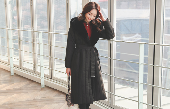 Eco 貂皮毛 花边 束带 带帽 羽绒服