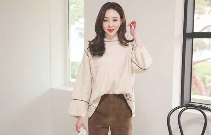 配色 衬里 条绒 高领 宽松 针织衫