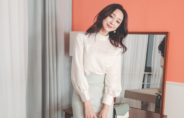 高翻领 透视 方形 丝滑 罩衫