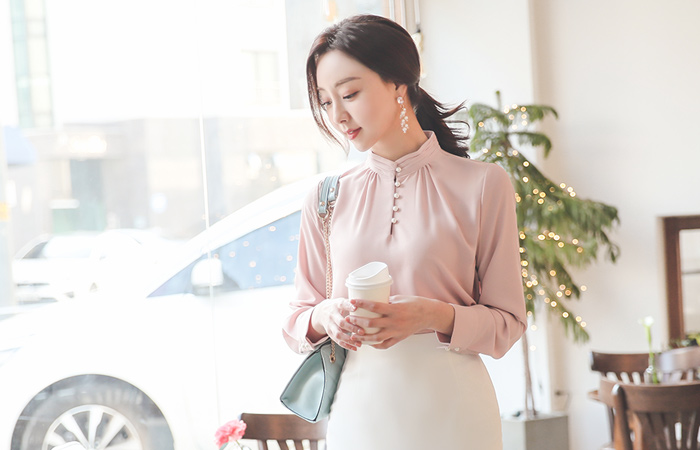 褶边 高龄 珍珠 扣子 罩衫